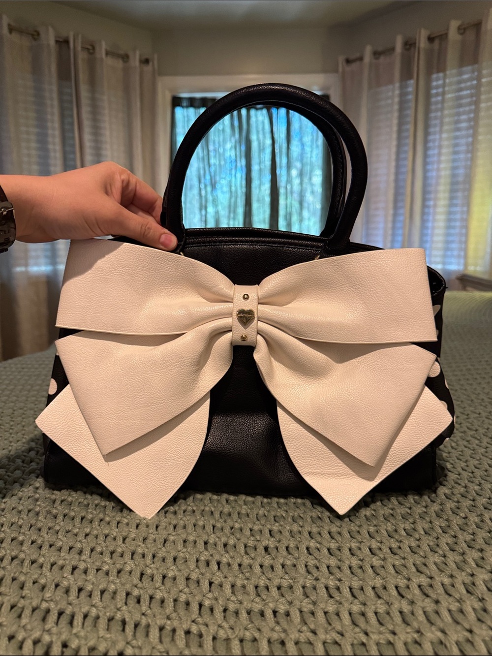 Betsey Johnson Black Satchel with Oversized White Bow